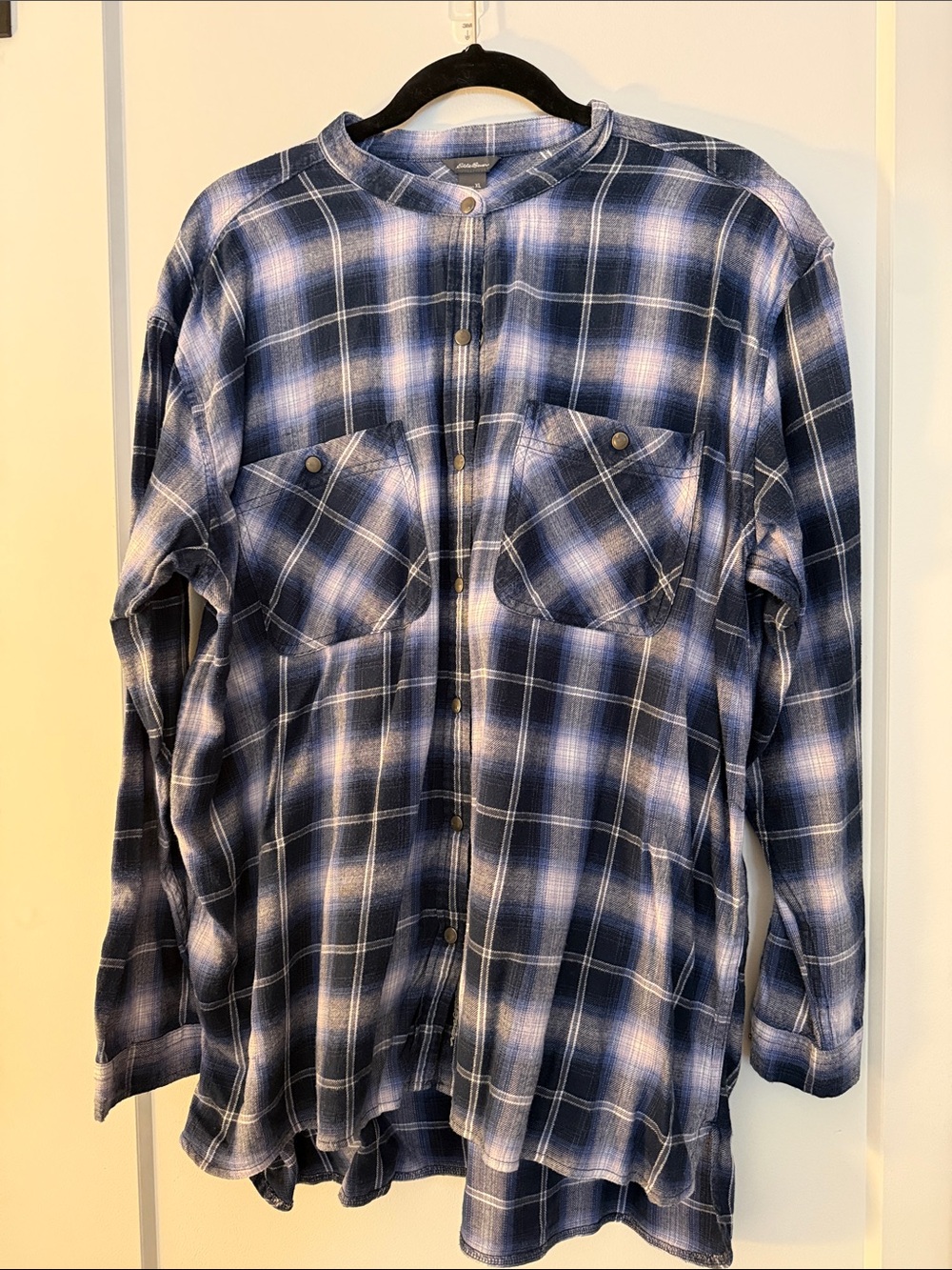 Eddie Bauer Navy and White Plaid Band-Collar Button-Down
